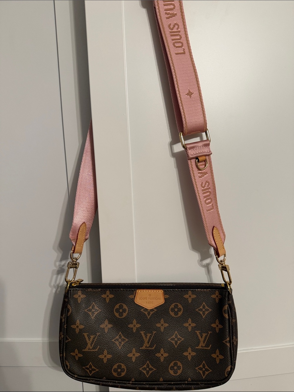 Louis Vuitton Monogram Crossbody Pochette with Pink Strap